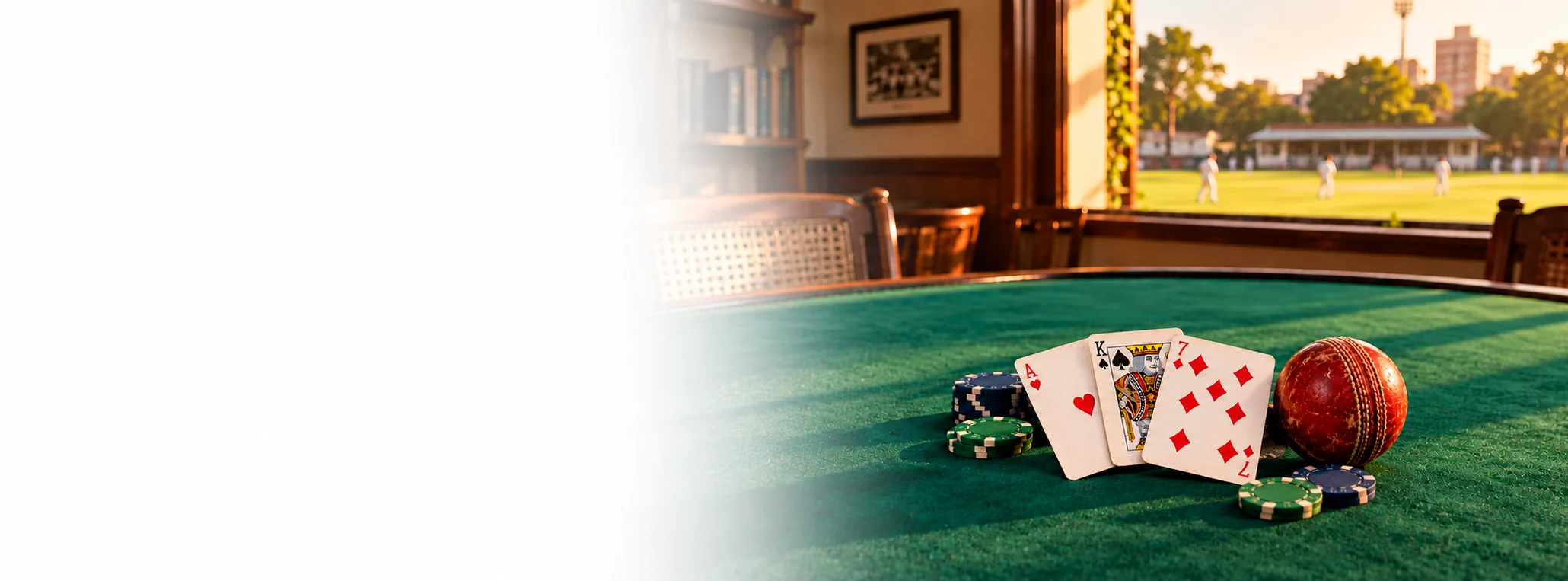 Playing cards, plain chips and a red cricket ball in an Indian clubhouse, with open space beside the scene.