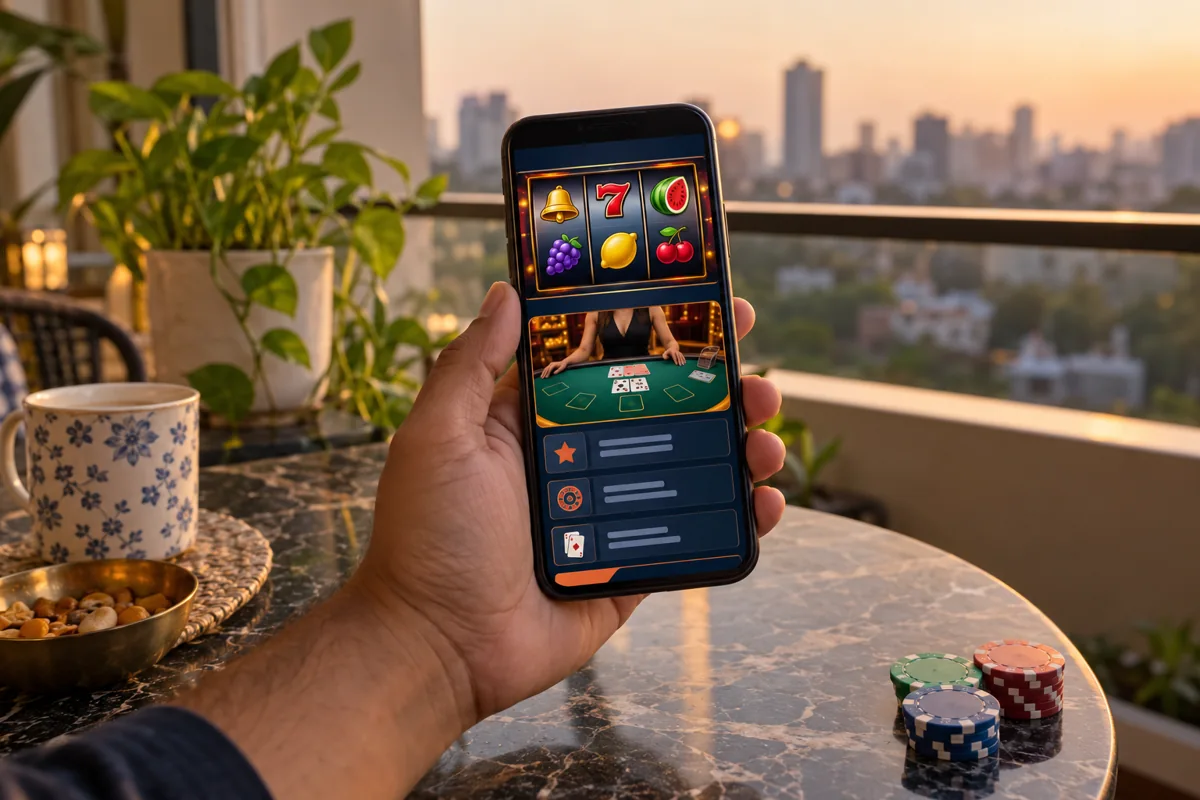 An adult holds a phone with a fictional slot and live-table information screen on an Indian balcony.